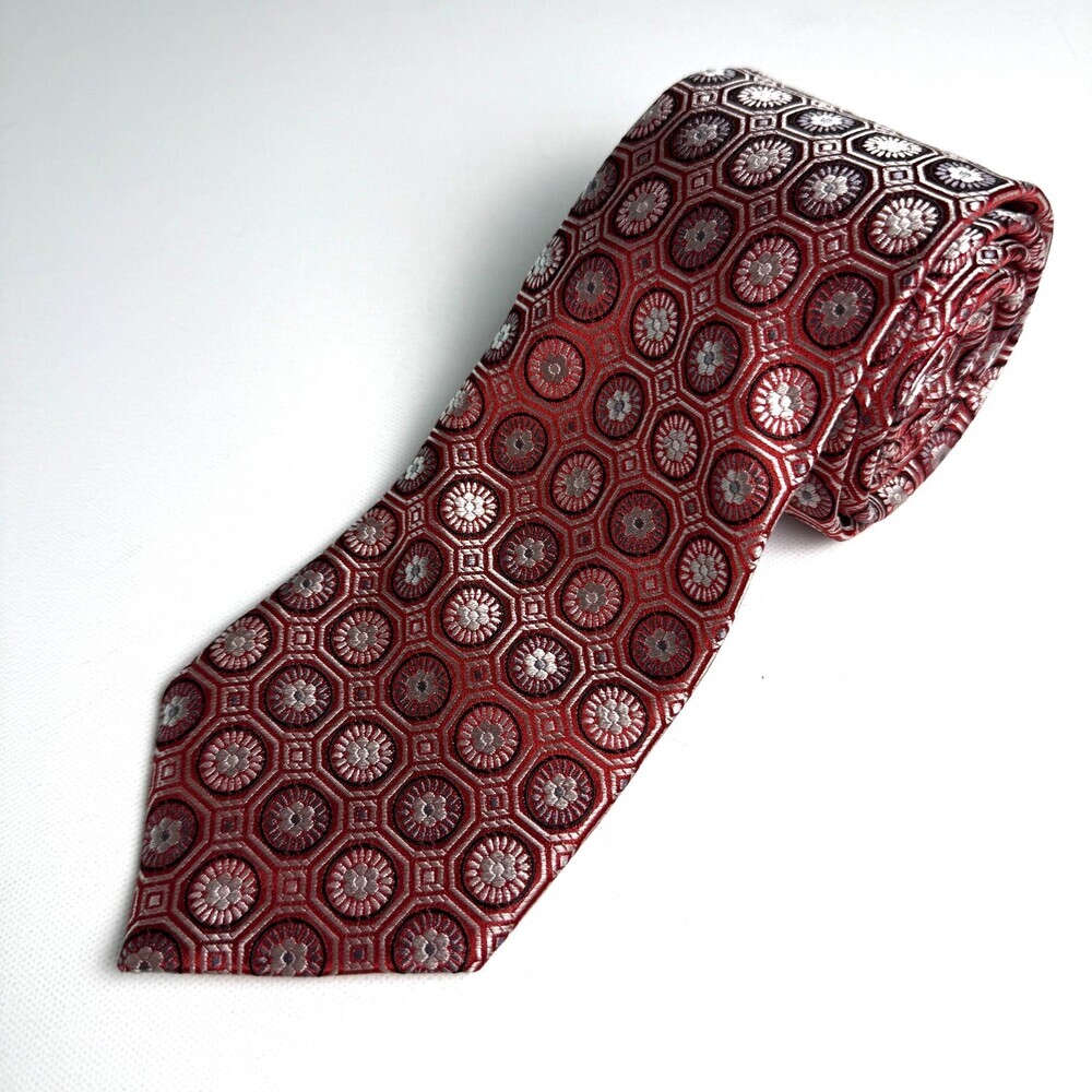 Emilio Ponti Roma-Milano Silk Tie Red & Silver Geometric Medallion Made in Italy